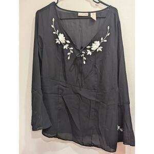 Women's black sheer long sleeve top with bell sleeves & white floral embroidery